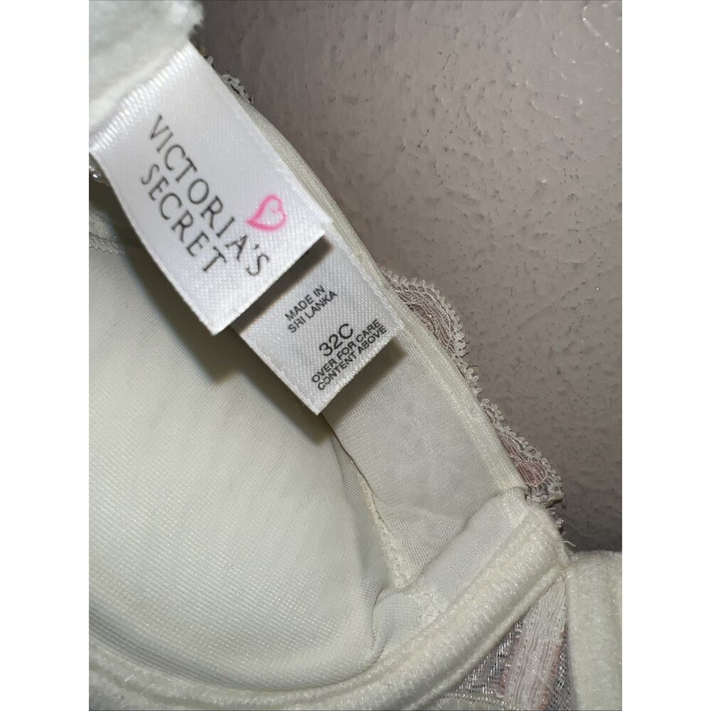 Vintage 90s Victoria's Secret Bra 32C Cream Pink Lace Removable Pads Push Up VS - Picture 13 of 13
